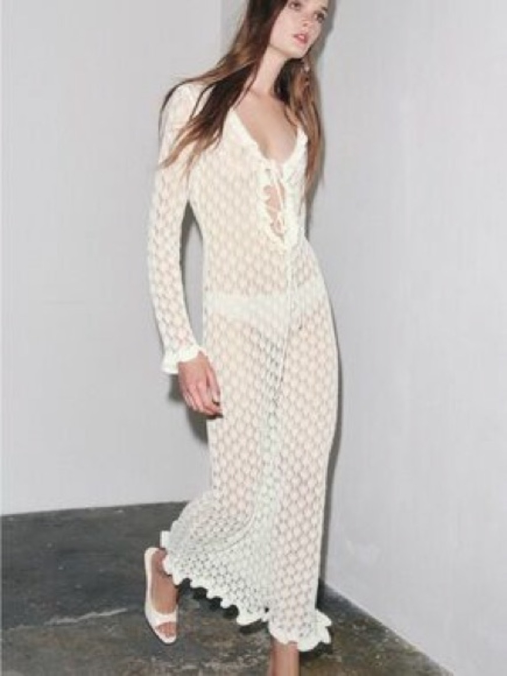 Zara Ivory Open-Knit Ruffle Maxi Cover-Up